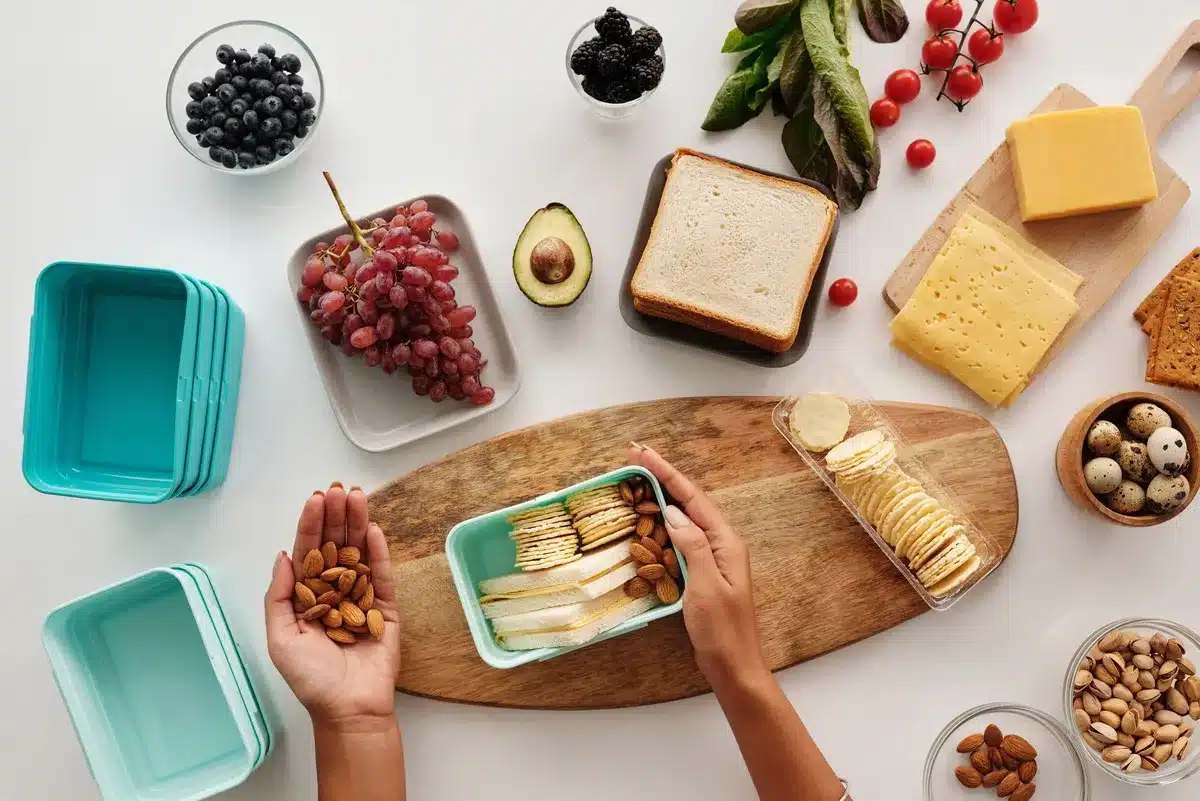Boîte à lunch préparée maison avec des aliments sains sur un comptoir de cuisine