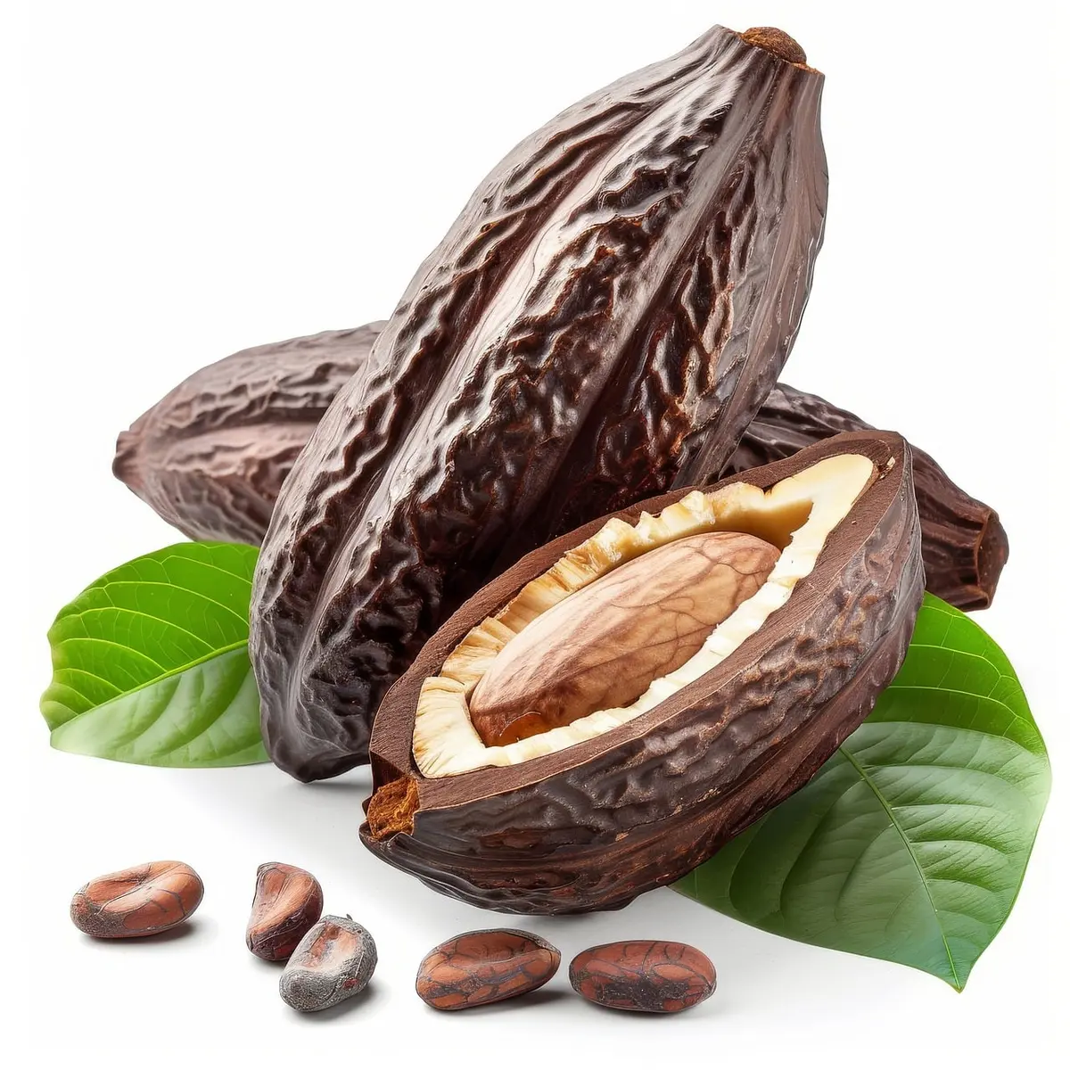Fèves de cacao et graphiques de prix sur une surface de travail