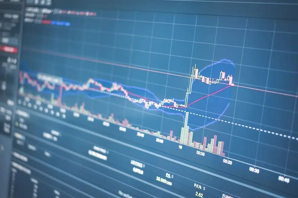 Écrans de trading boursier affichant des graphiques en hausse et des indices verts
