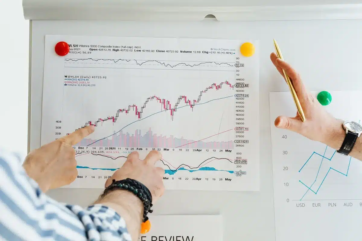 Graphiques montrant la diversification d'un portefeuille avec actions, obligations et matières premières.