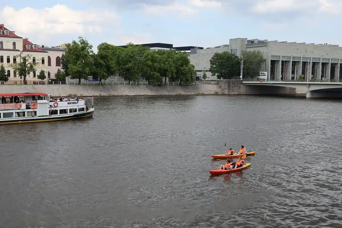 Passagers d'une croisière fluviale pratiquant des activités comme le cyclotourisme et le kayak lors d'une escale