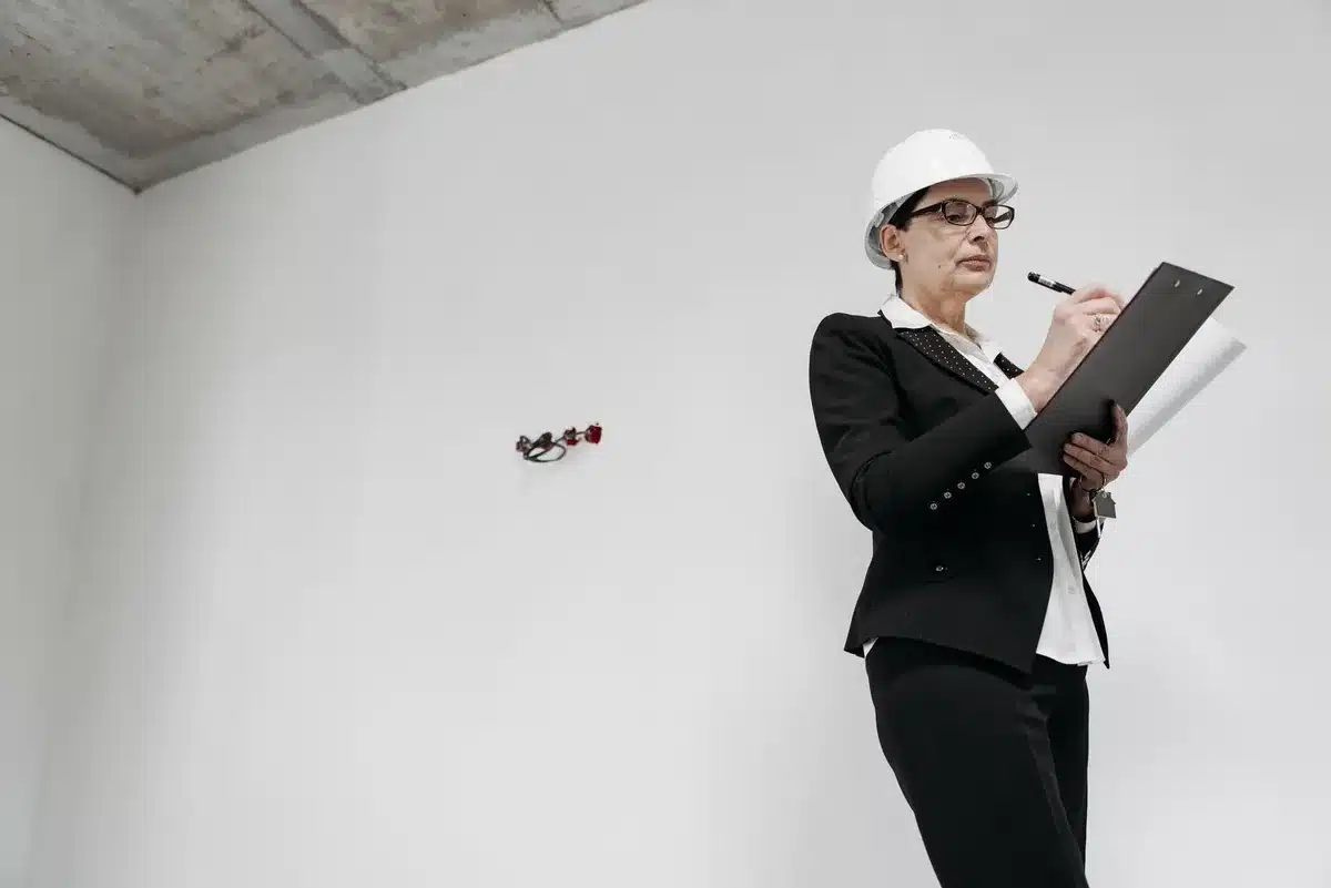 Personne consultant une liste de vérification sur une tablette lors d'une visite d'appartement
