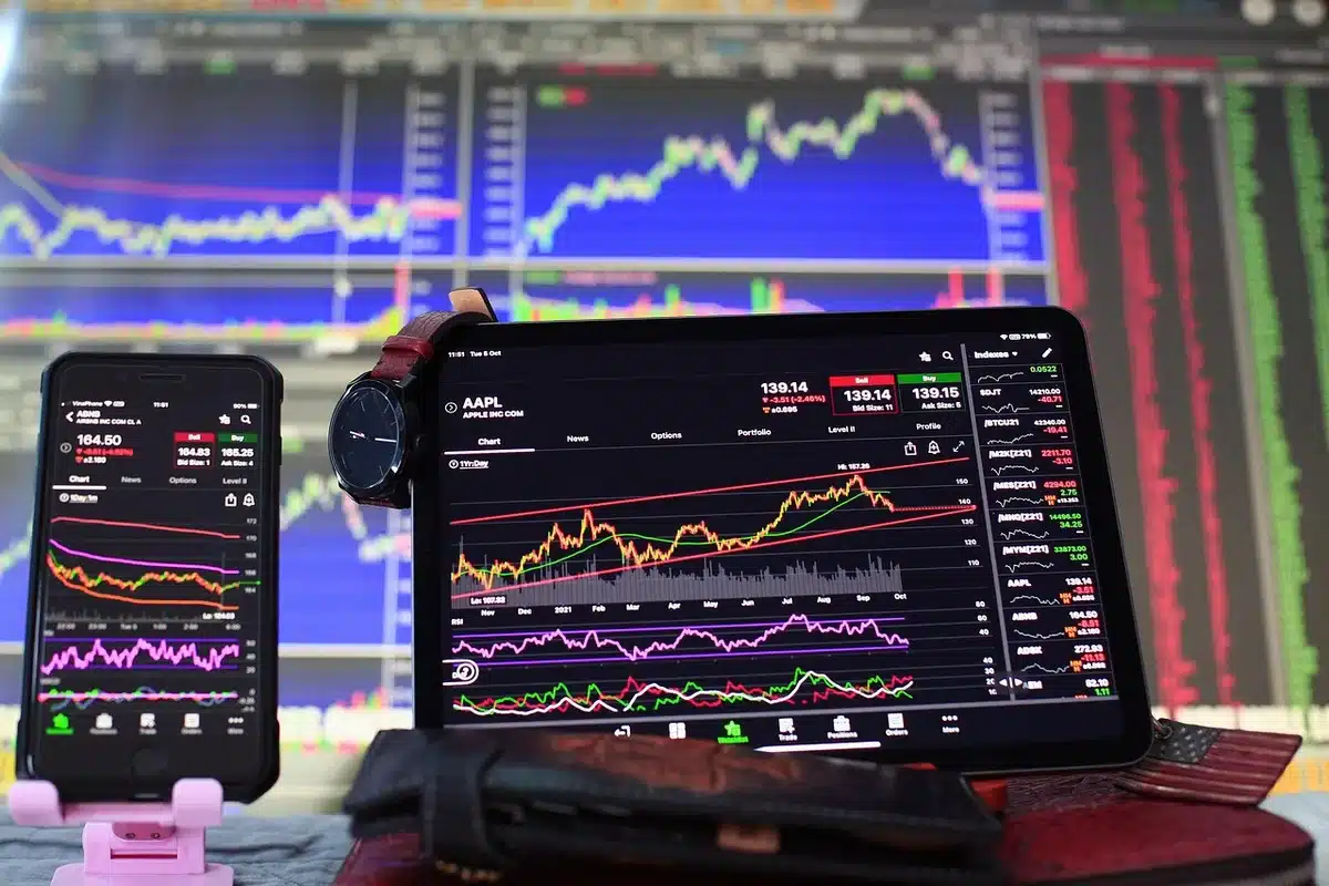 Graphiques boursiers sur un écran et notes manuscrites expliquant moyennes mobiles