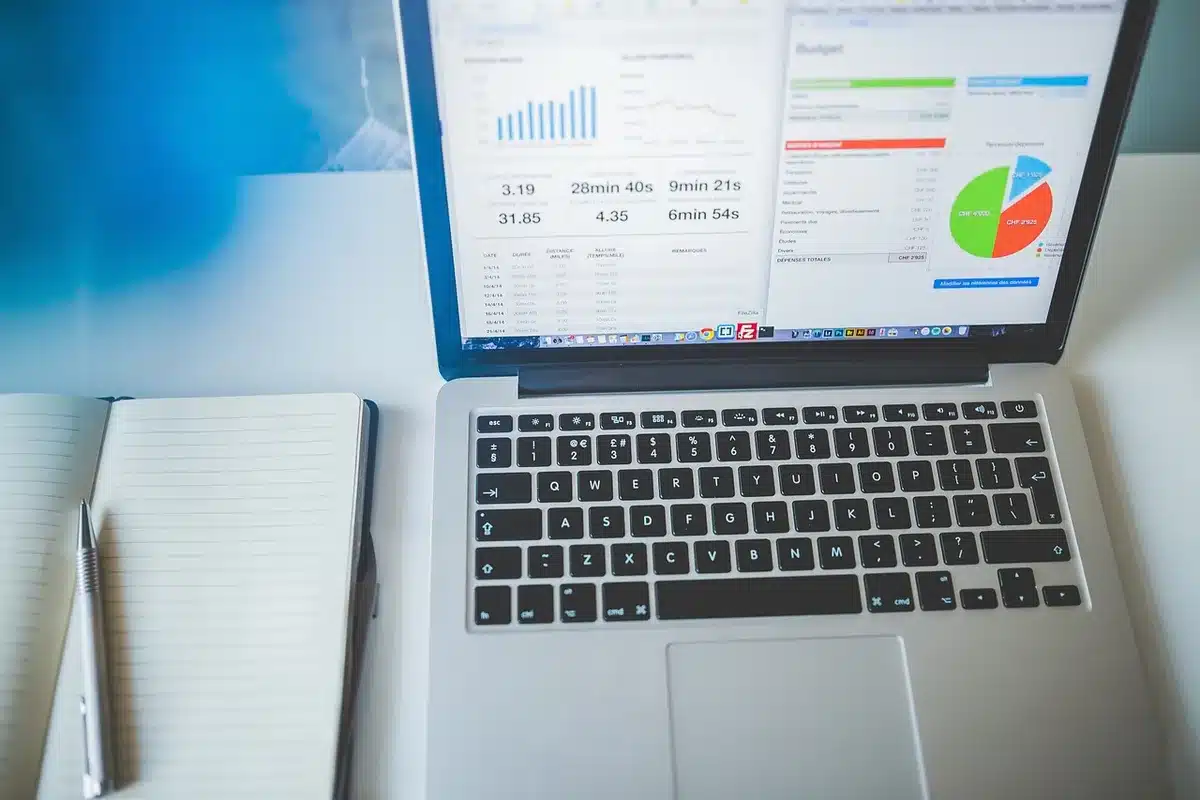 Écran de graphique avec annotations et carnet sur un bureau en pleine journée
