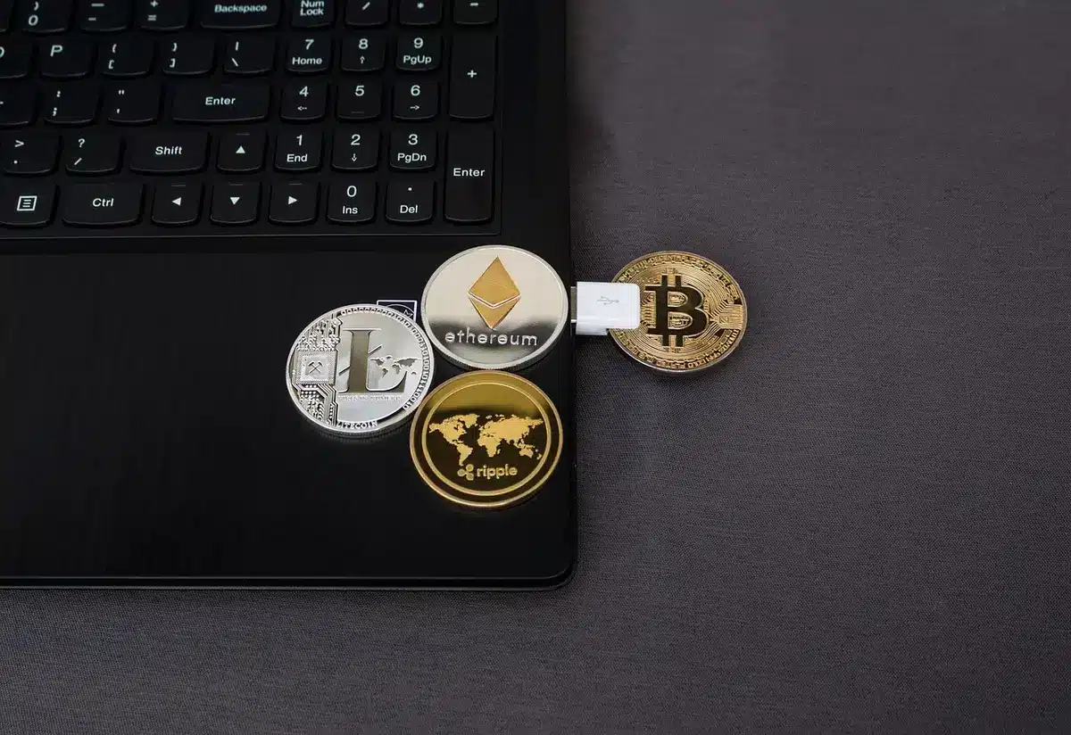 Ordinateur portable affichant différents réseaux blockchain et une application de portefeuille